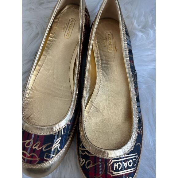 COACH Ballet Flats Gold Tartan Plaid True Graffiti Logo Shoes US 8 B Slip On - Picture 5 of 5